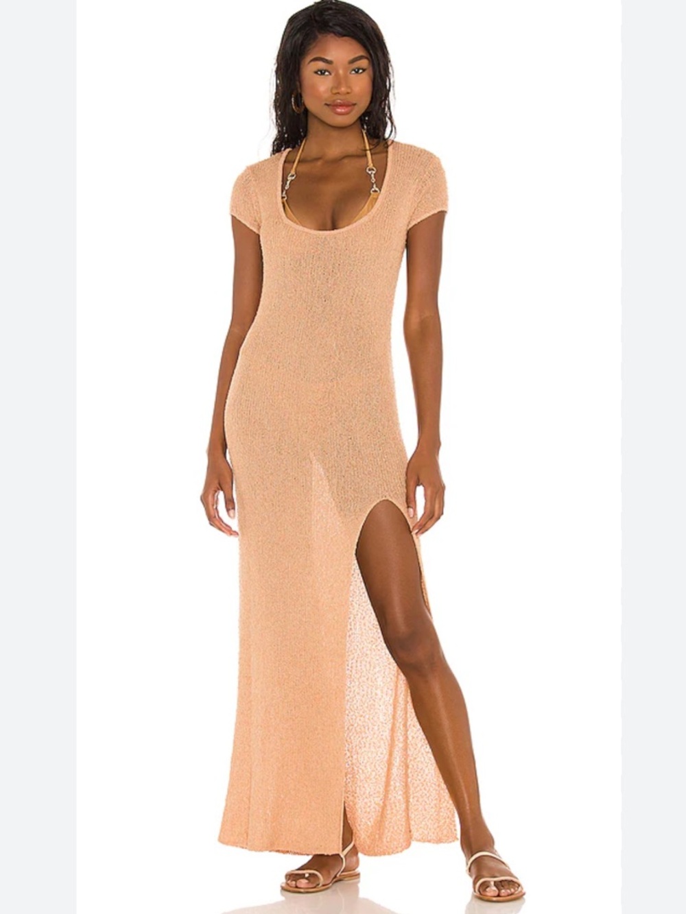 l*space Peach Knit Short-Sleeve Maxi Coverup with Side Slit